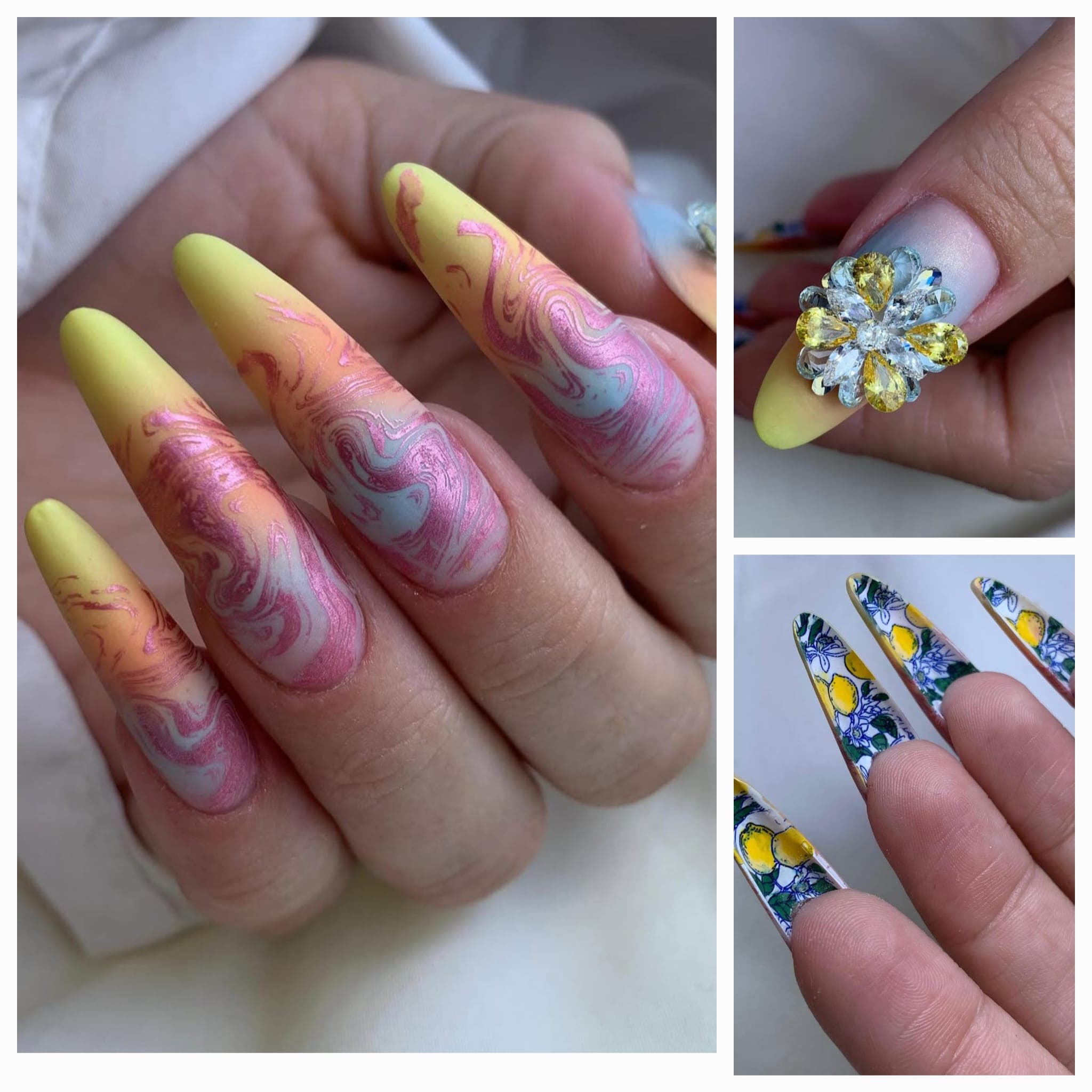 Colagem de três designs de unhas: acrigel amarelo com efeito marmoreado rosa e lilás, aplicação floral de strass, e padrão de limões estilo azulejo português