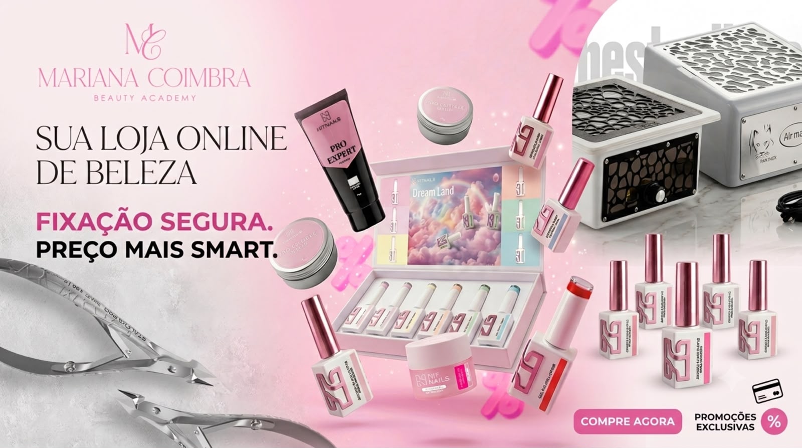 Produtos de manicure e vernizes em gel apresentados em fundo rosa, com o logótipo Mariana Coimbra Beauty Academy