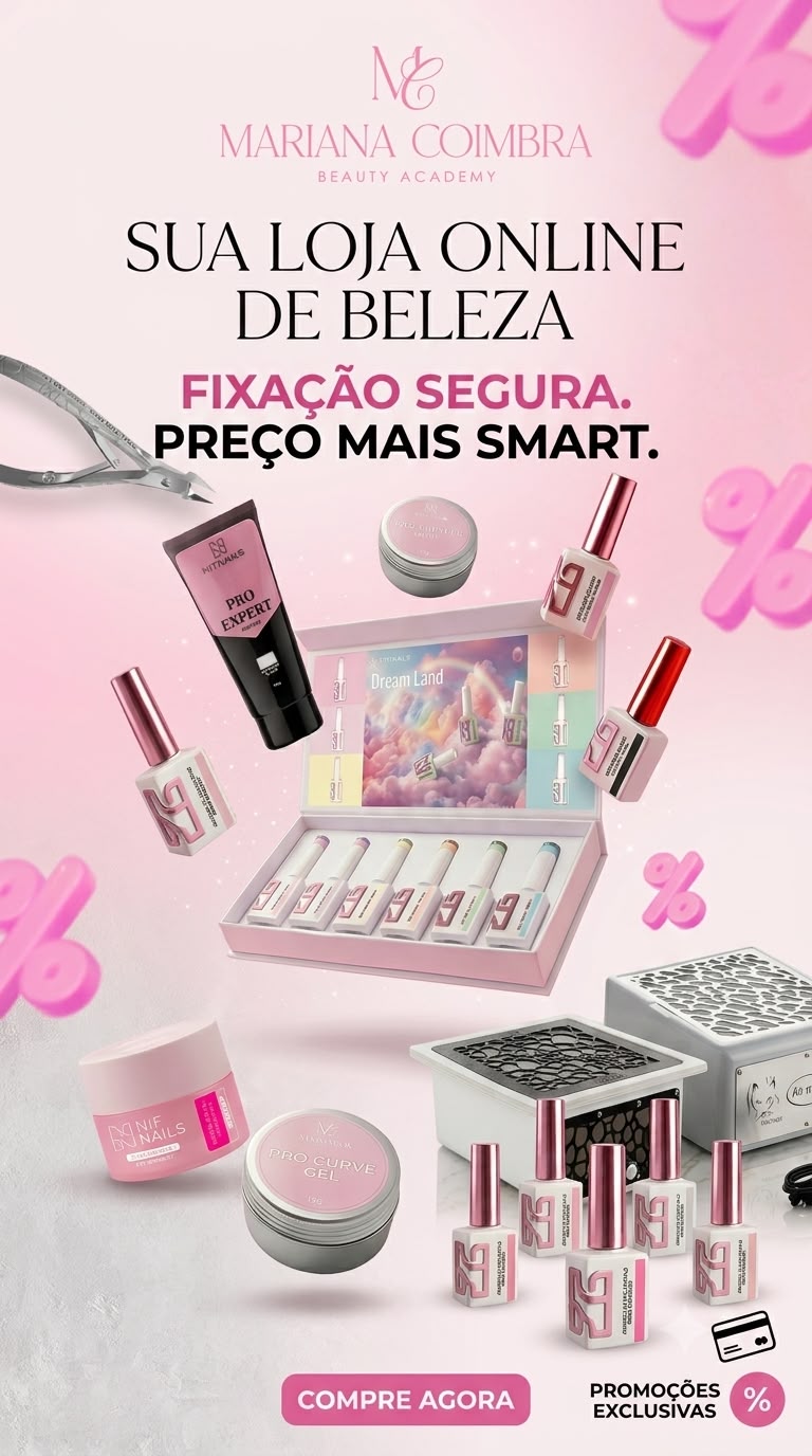 Produtos de manicure e vernizes em gel apresentados em fundo rosa, com o logótipo Mariana Coimbra Beauty Academy